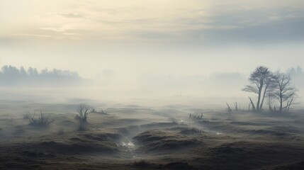 A serene fog-covered moor, with shadows of distant trees emerging.