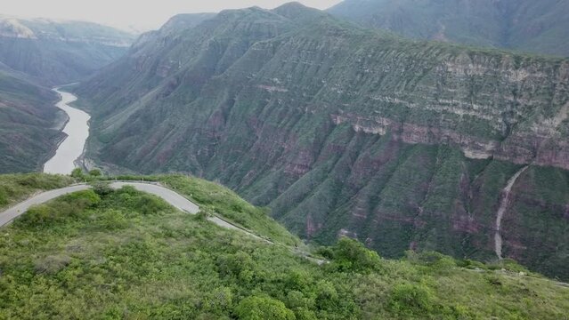 beautiful landscape with deep valleys and flowing rivers at the chicamocha canyon in the andes mountains of Colombia.