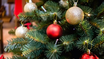 Obraz na płótnie Canvas Christmas tree and toys close-up, holiday lights