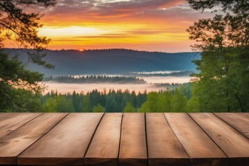 Fototapeta na wymiar the empty wooden table top with blur background of summer lakes green forest high quality photo