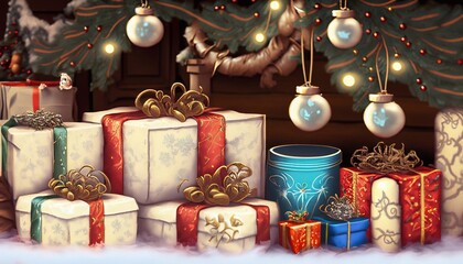 Christmas gifts under the tree, postcard and billboard