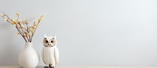 White vase on table with white ceramic owl