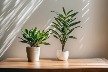 wooden table with a potted plant in front of the wall is accompanied by natural light from the sunshine - obrazy, fototapety, plakaty