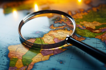 Zoomed in with a magnifying glass the USA on a world globe map - obrazy, fototapety, plakaty