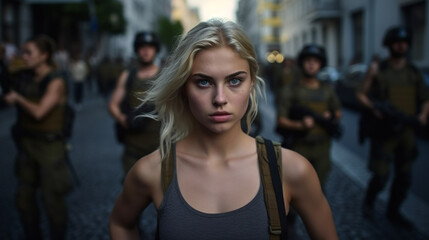 young Caucasian adult woman, blonde, slim attractive, cozy casual tank top, arms or military or mercenaries or vigilantes or soldiers or militia, in a street in a pedestrian zone