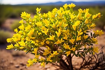 Description for creosote bush. A plant found in arid regions with small, yellow flowers and dark green leaves. Generative AI
