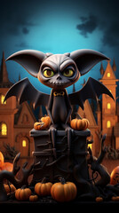 Halloween Bat character in front of spooky house. 