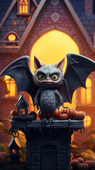 Halloween Bat character in front of spooky house. 