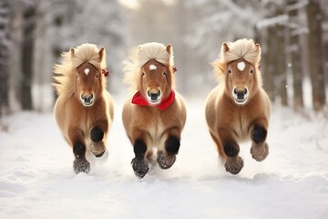 Three lively ponies wearing Santa hats frolic in a snowy Christmas field. Generative AI