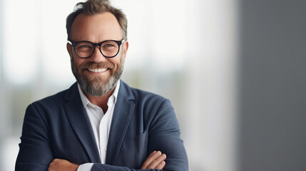 Mature adult man with gray beard, dark glasses, arms crossed, wearing suit and white shirt, smiling with good mood, career and office, businessman, successful and calm