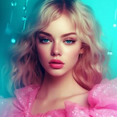Fashion portrait of beautiful young woman with bright makeup and pink dress. Fashion and beauty. Portrait of a sexy beautiful girl. Fashion portrait of beautiful woman with blonde hair and plump lips