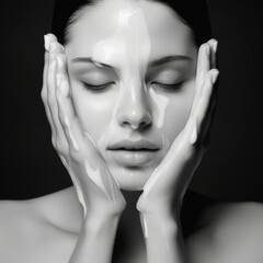 Black and white portrait of beautiful woman with cream on her face. Skin care concept.  Portrait of beautiful Caucasian woman with cosmetics moisturizer cream on face. Beauty and  healthy skin care.