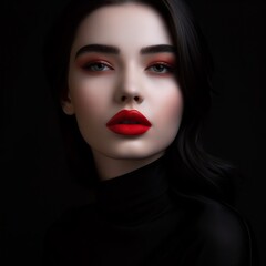 Portrait of beautiful woman with red lips and professional make-up. Portrait of beautiful girl with bright make-up and red lips on a black background. Fashion portrait of brunette lady with red lips.