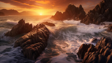 Obraz premium Fantastic sunrise over sea. Dramatic scenes. Beauty world. Beautiful seascape at sunset. Beauty nature. Beautiful summer seascape while sunset with crashing waves into coastal rocks. AI generated