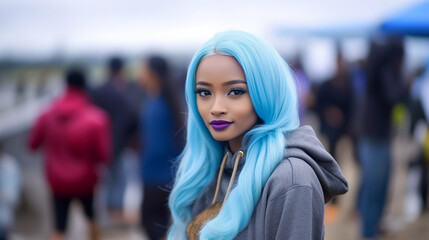 Fototapeta premium Day in the life of a young adult woman or teenage girl, long blue dyed hair or hair, tanned skin tone, wearing hoodie, outside under cloudy sky