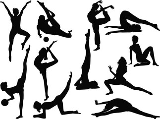 eleven women black silhouettes in motion isolated on white