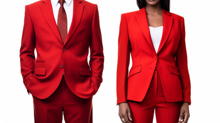 a woman and a man wearing fire-red suit, dark-skinned or black people, clothes elegant or stewardess or service staff, red tie red pants