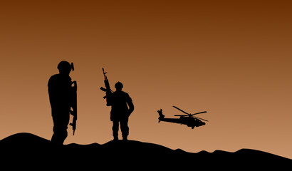 Fototapeta na wymiar Vektor Silhouetten - Soldaten mit Hubschrauben in den Bergen