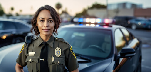 Hispanic woman working as police officer or cop, closeup portrait, blurred vehicle in background. Generative AI - obrazy, fototapety, plakaty