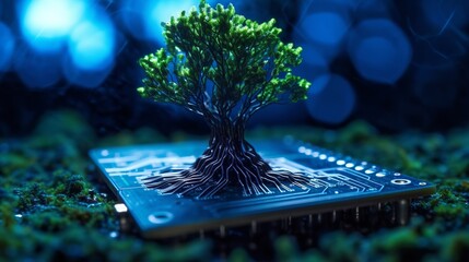 Trees growing at the converging points of computer circuit boards. Blue light network and wireframe background. - obrazy, fototapety, plakaty