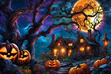 halloween night, old house in mystical forest, around pumpkins, flying bats on big full moon background, scary and fabulous, dark magic