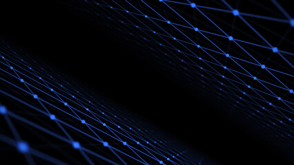 Blue infinite network connection technology on the abstract dark background with points and lines. Digital futuristic backdrop. Big data visualization. 3d rendering