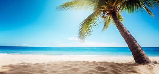Tropical beach with fine sand, some palms near, calm sea with clear sky above. Empty copy space template for vacation or holiday product. Generative AI