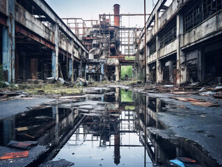 A vintage-style photograph capturing the desolation of abandoned buildings or factories with raw aesthetic.