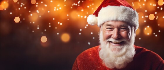 Happy santa claus smiling against glowing lights.