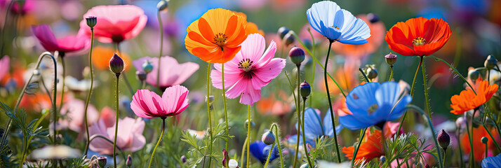 Multicolor flowers in meadow in summer. Wild colorful vivid field, banner background.