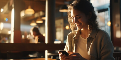 Young Woman Texting in a Cafe  - Powered by Adobe
