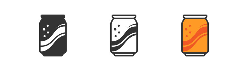 Soda in can icon. Cold beverage, beer, symbol. Energy drink in aluminium can. Outline, flat and colored style icon for web design. Vector illustration. - obrazy, fototapety, plakaty