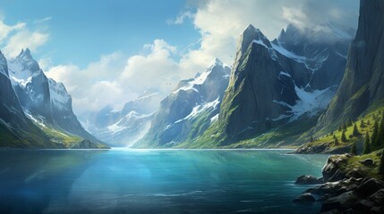 The breathtaking vista of a fjord, with steep cliffs plunging into deep blue waters. - obrazy, fototapety, plakaty