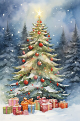 Happy New Year and Christmas watercolor card with a Christmas tree and gifts, snow flakes, cute kawaii retro style.