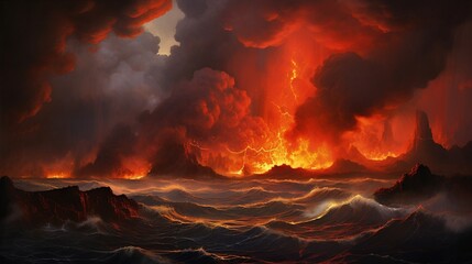 The fiery spectacle of molten lava flowing into the sea, creating clouds of steam.