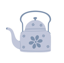 Tea kettle vector. Metal steel teakettle with flowers in flat style isolated on white background. Teapot with handle, kitchen appliance for boiling water. Tea party, hot beverage. Vector illustration