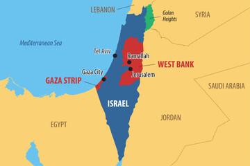 Vector map of Israel and Palestine, showing the areas of the West Bank and the Gaza strip - obrazy, fototapety, plakaty
