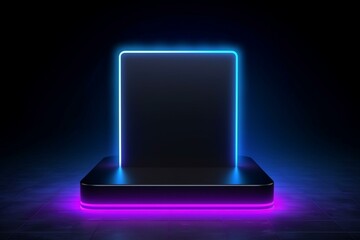 podium against a black backdrop with blue and purple LED neon lights. Empty base, cube pedestal, and stand. Abstract technology background for tablet and smartphone advertis. Generative AI