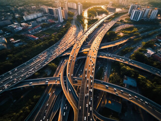 An aerial shot of a bustling 52 style highway or road with vehicles flowing in both directions.
