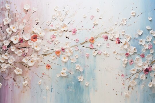 Top view wallpaper with colorful pastel spring flowers on oil paint and dual light background. Generative AI