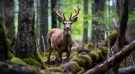 Fototapeta premium close-up of a deer in the forest, deer in the woods, cute deer in the park, cute deer in the forest, close-up of a lonely deer in the woods