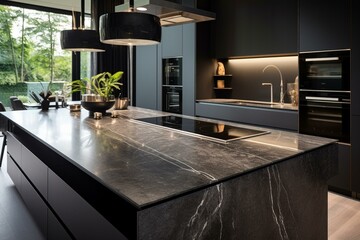 Contemporary kitchen, luxurious marble island, induction cooktop. Generative AI