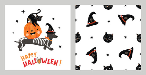 Cute Halloween collection.Cartoon print with  dachshund dog in a skeleton costume, pumpkin and  black cat.Funny seamless pattern with cat head and witch hat.Vector set for nursery decor for kids.