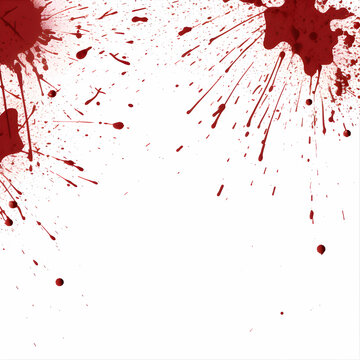 Photo of drops and splashes of red paint like blood on a white background