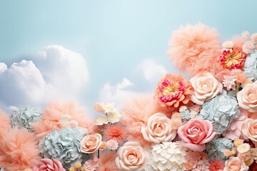 Floral installation background in the clouds with pastel colors 