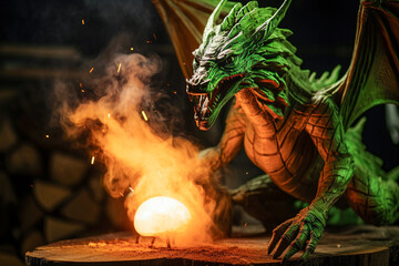dragon with fire and smoke on a wooden table in a dark room. Selective Focus