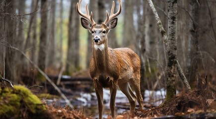 Naklejka na ściany i meble close-up of a deer in the forest, deer in the woods, cute deer in the park, cute deer in the forest, close-up of a lonely deer in the woods