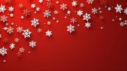 Christmas illustration with white snowflakes on red background with place for text