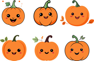 Set of vector cute pumpkins expression graphic elements, for autumn season, thanksgiving banner decoration. Isolated on transparent background.