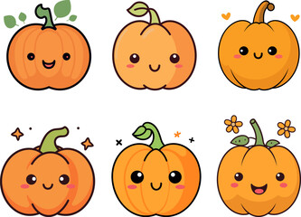 Set of vector cute pumpkins graphic elements, for autumn season, thanksgiving banner decoration. Isolated on a white background.